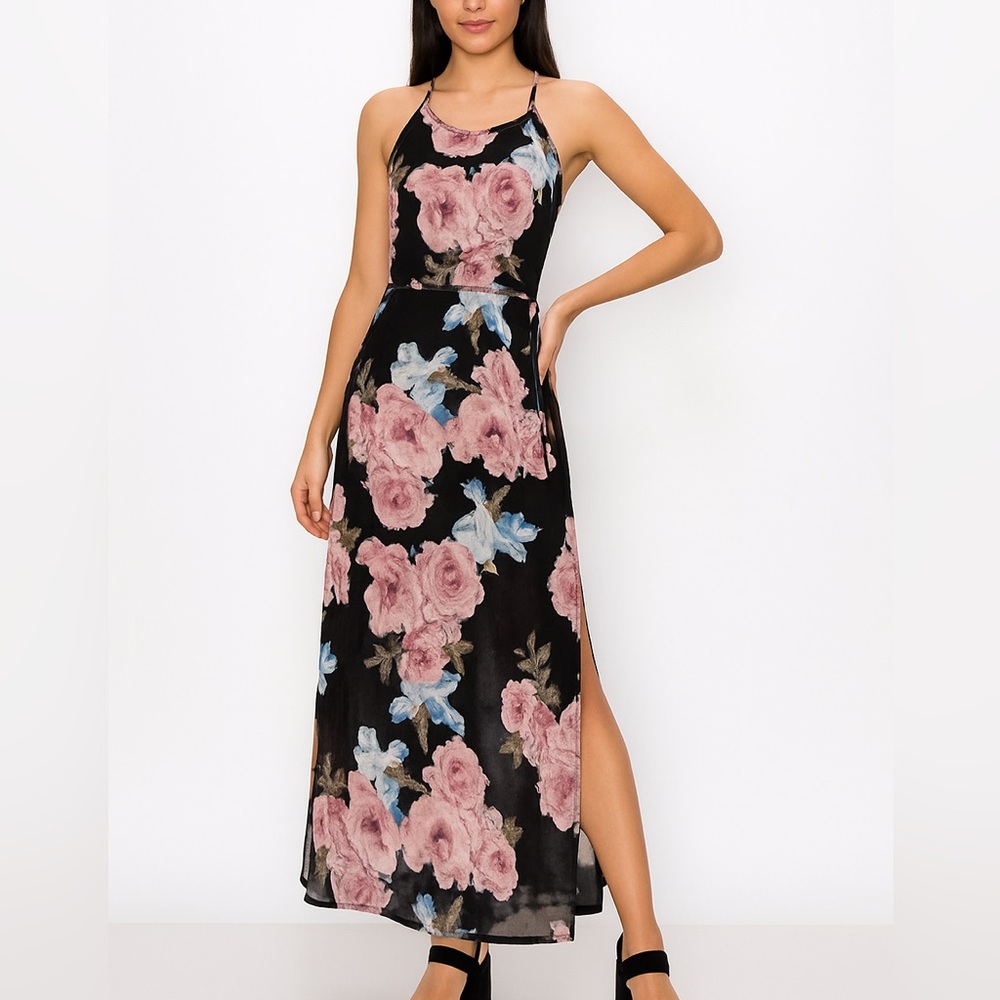 Fab’rik Floral Maxi Dress Sleeveless Tie waist Slits Black Pink Blue Size S
